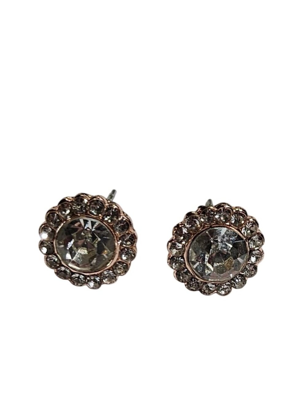 Clear Rhinestone Stud Earrings Halo Rose Goldtone 3/8 inch